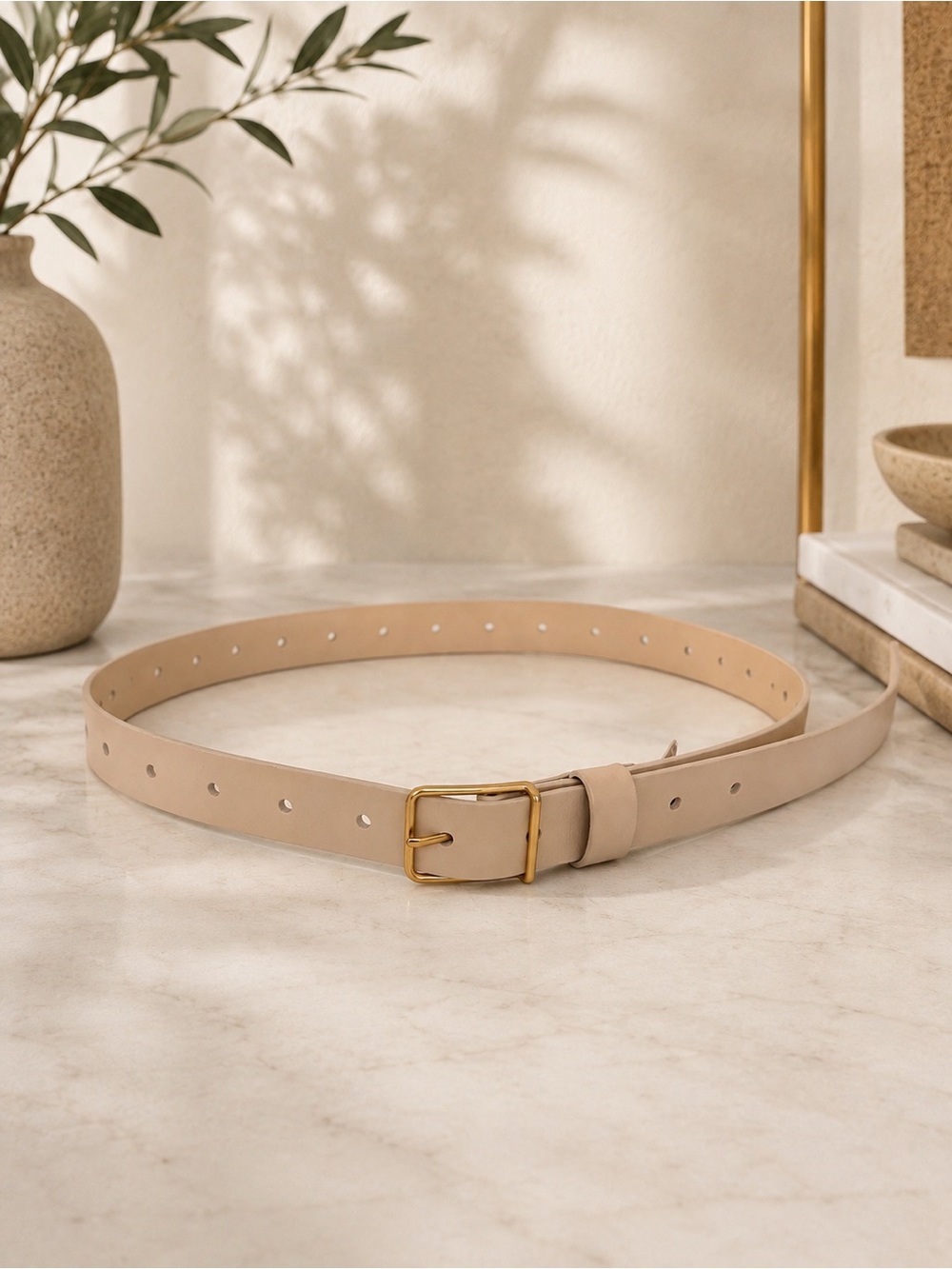 Adolfo Dominguez Beige 100% Leather Belt Gold Buckle M/L